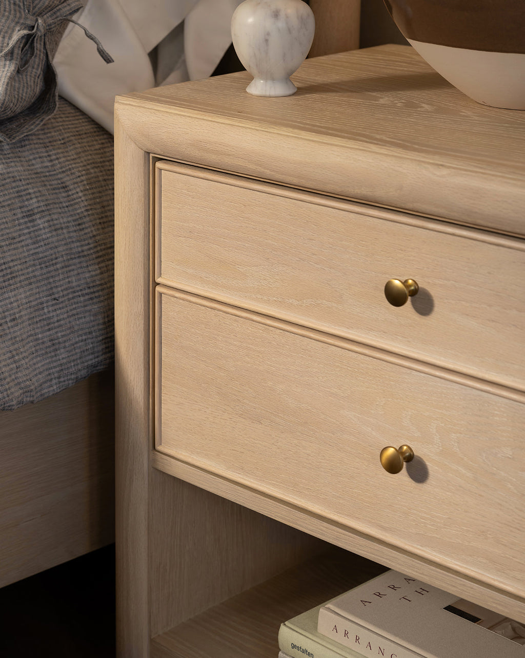 Minimalist Bleached Oak Nightstand with Beaded Detail for Bedroom