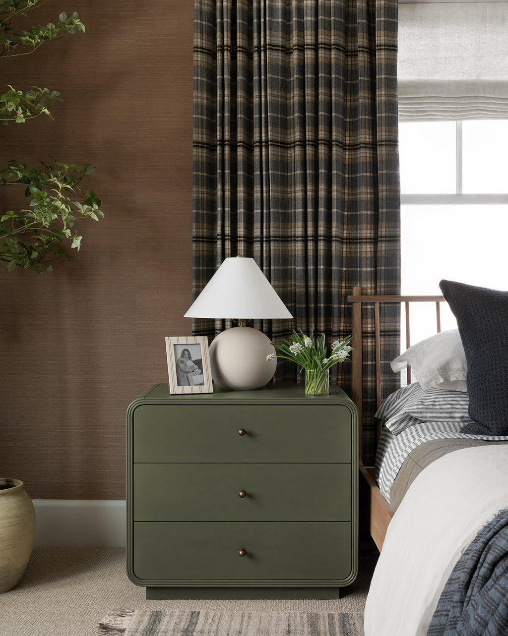 Modern Acacia Nightstand with Laurel Green Finish & Brass Hardware for Bedroom