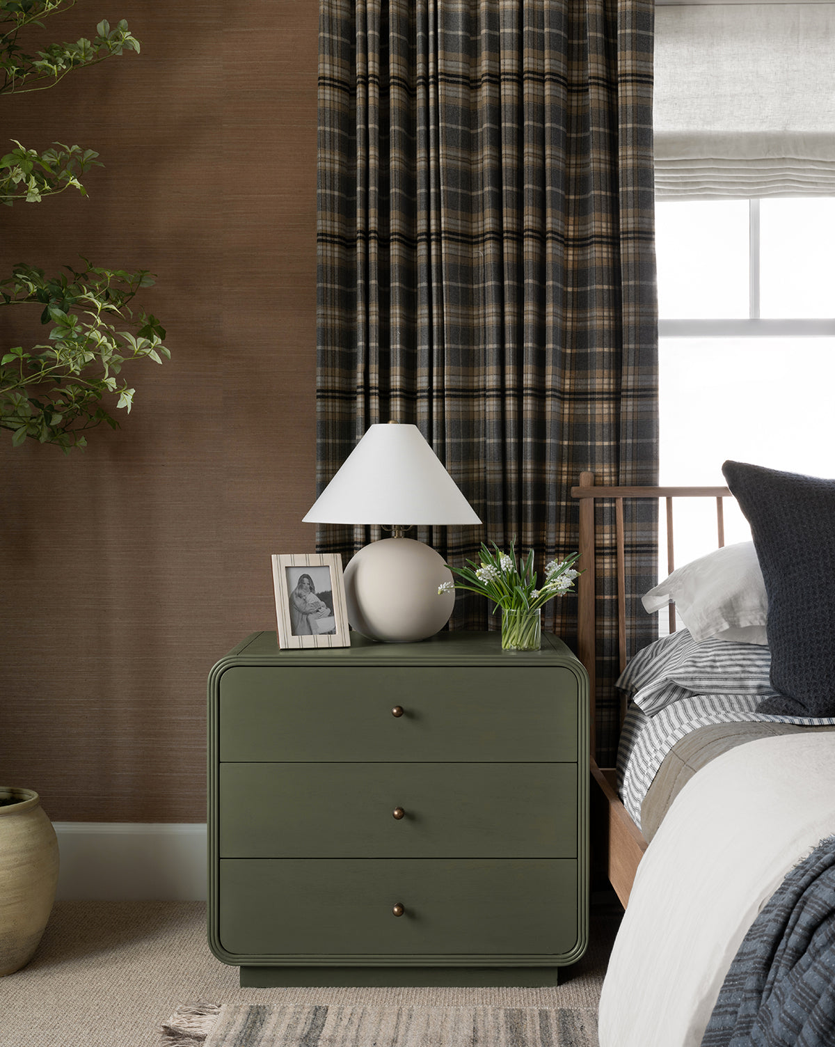 Modern Acacia Nightstand with Laurel Green Finish & Brass Hardware for Bedroom