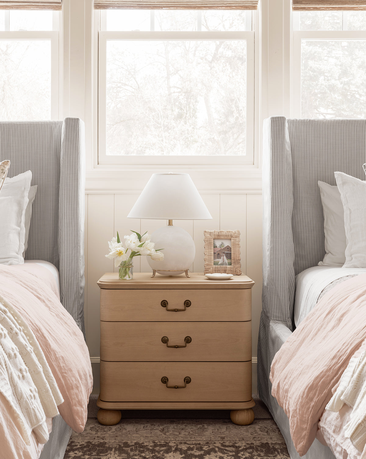 Traditional Birch Veneer Nightstand with Brass Hardware & Bun Feet for Bedroom