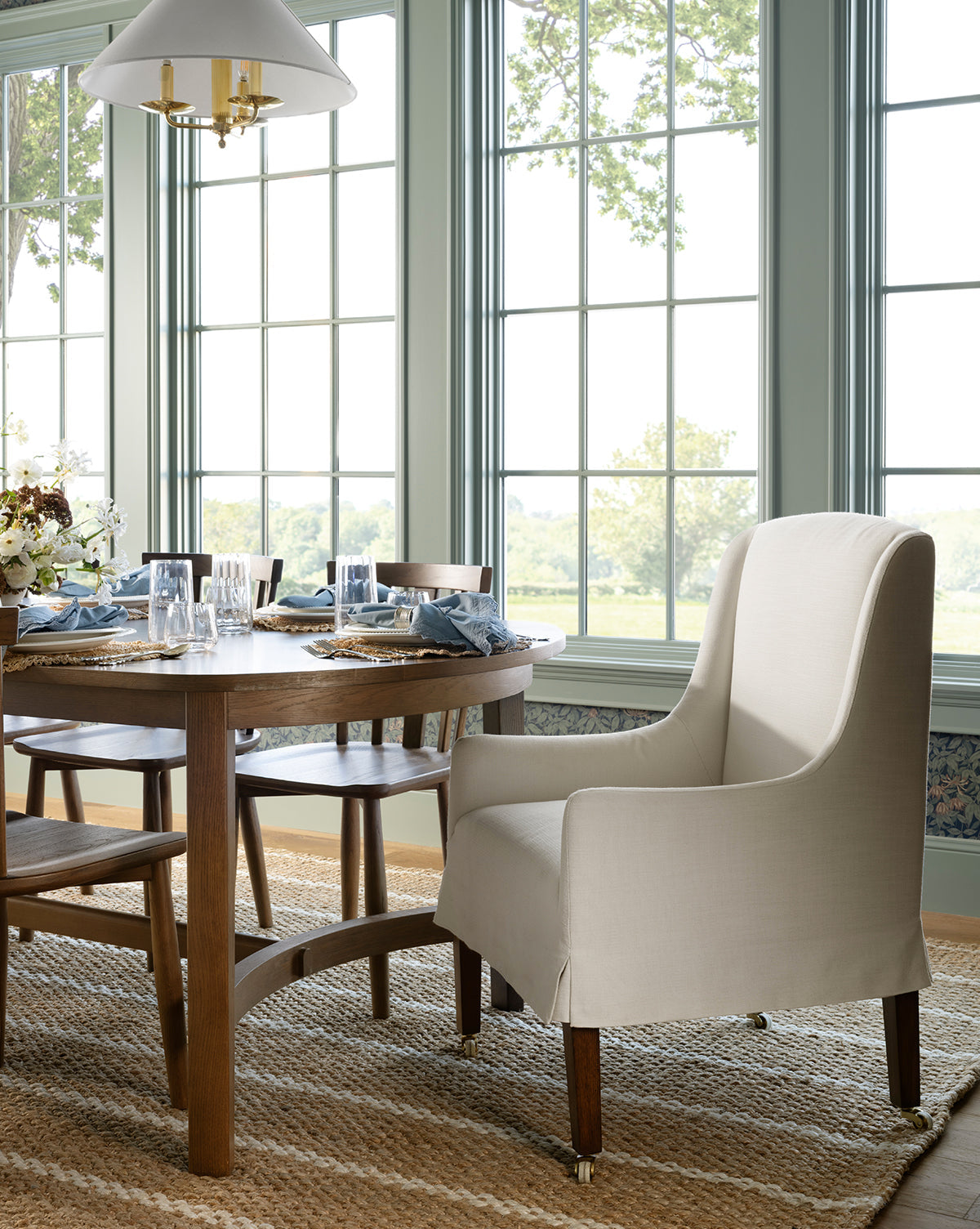 Classic Upholstered Dining Arm Chair with Curved Arms & Structured Lines for Dining Room
