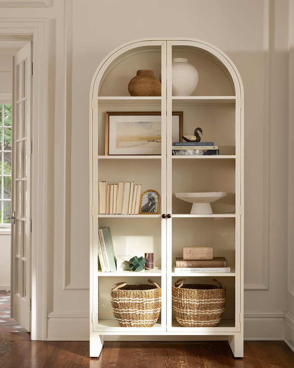 Industrial Iron Cabinet with Rounded Form & Glass Doors for Living Room