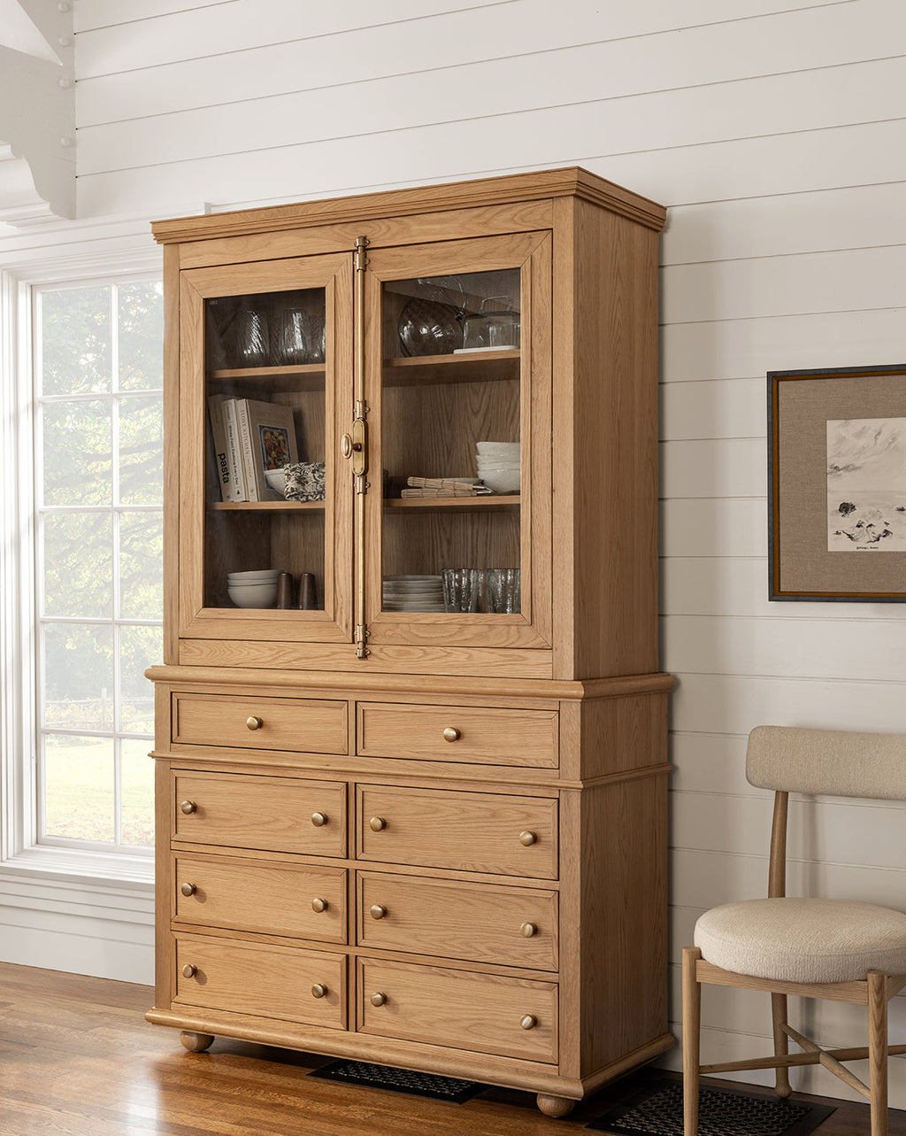 Traditional Oak Cabinet with Glass Doors & Round Pulls for Living Room