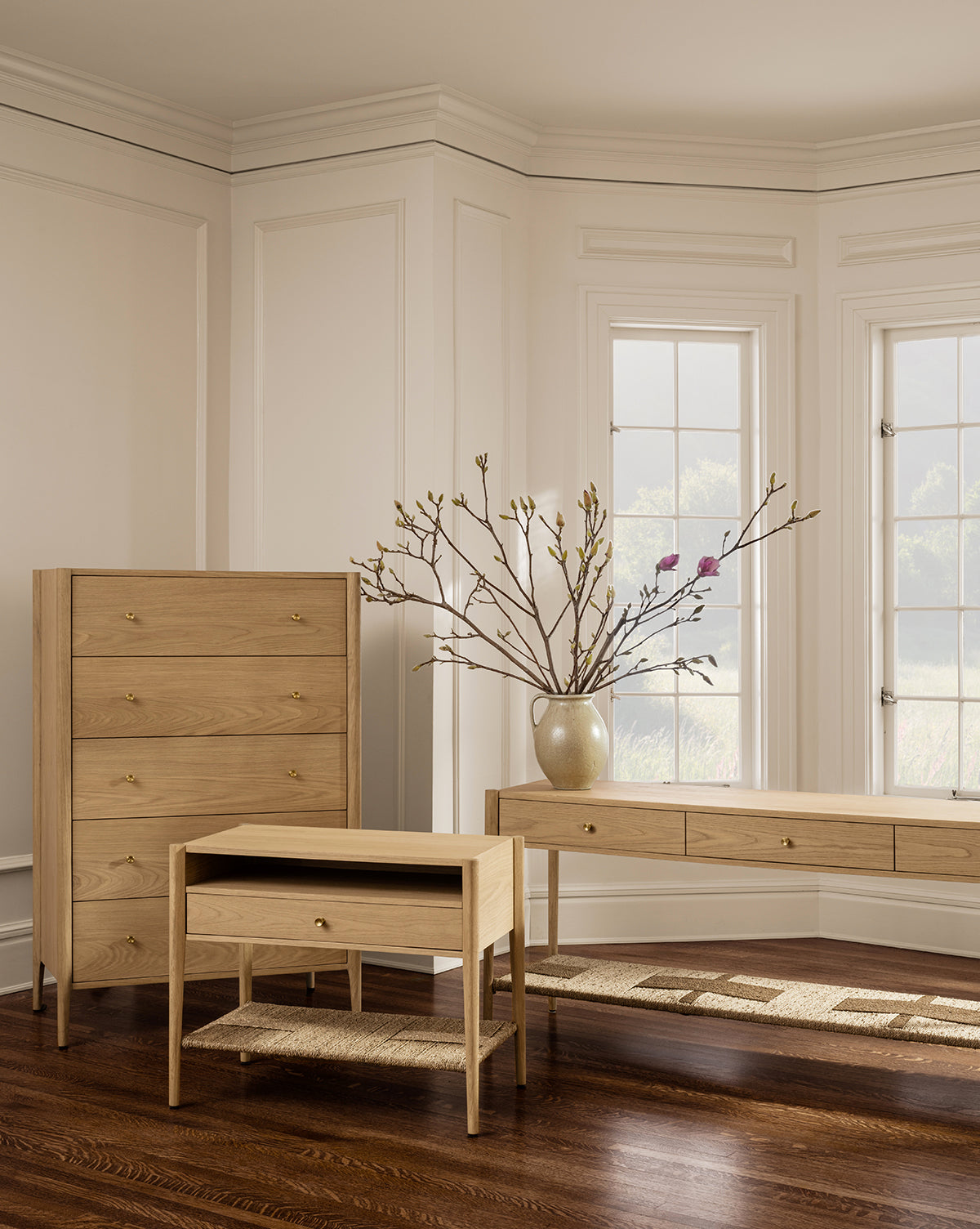 Heritage White Oak Tallboy Dresser with Five Drawers & Brass Hardware for Bedroom