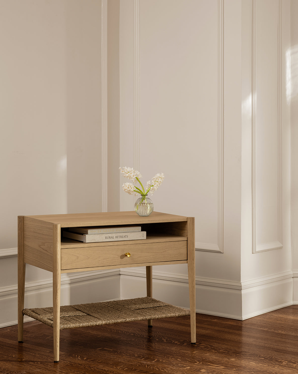 Coastal White Oak Nightstand with Woven Seagrass Shelf & Brass Hardware for Bedroom