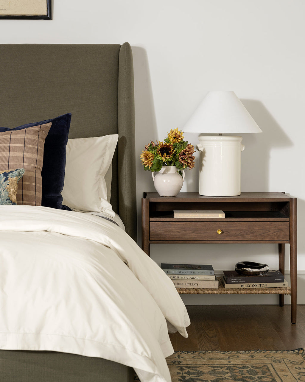 Coastal White Oak Nightstand with Woven Seagrass Shelf & Brass Hardware for Bedroom