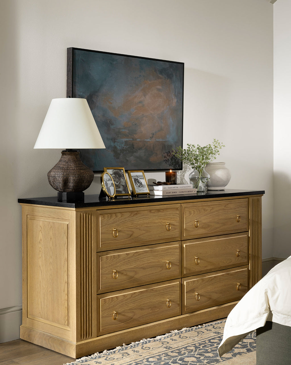 Artisan Drift Oak Dresser with Granite Top & Fluted Detail for Bedroom