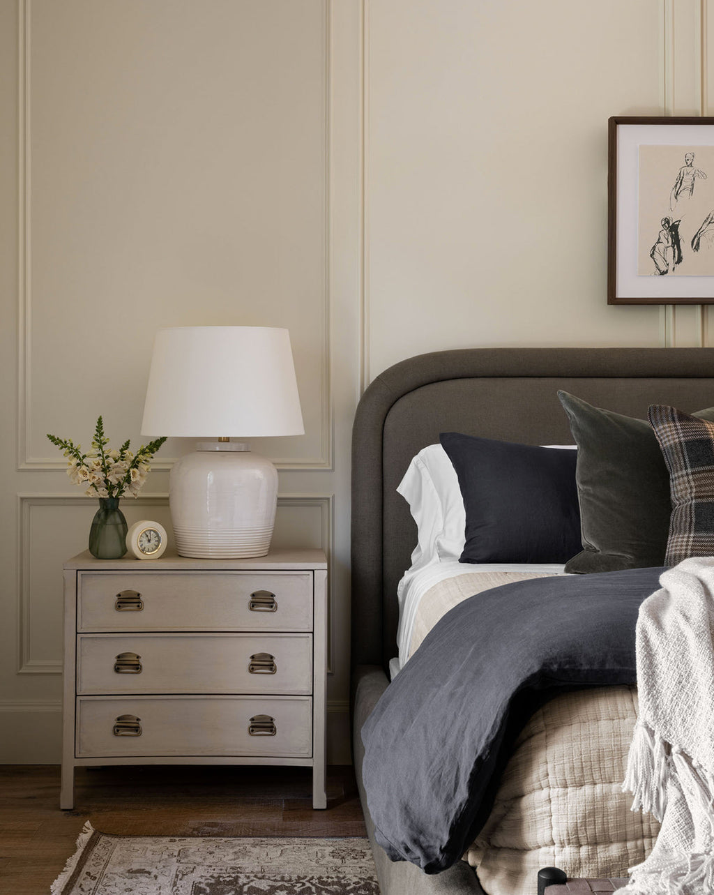 Modern White Oak Nightstand with Curved Front & Brass Pulls for Bedroom